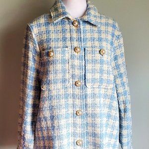Women's Tweed Shacket Blazer Houndstooth Blue & White Classic Pearl Buttons